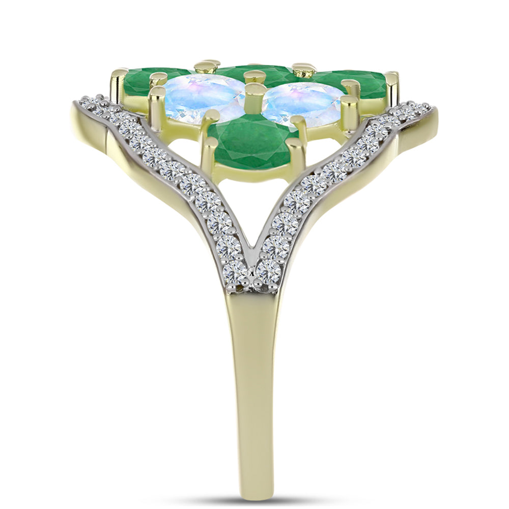 Anillo de Plata Bañada en Oro con Esmeralda de Brasil y Piedra Lunar Arco Iris