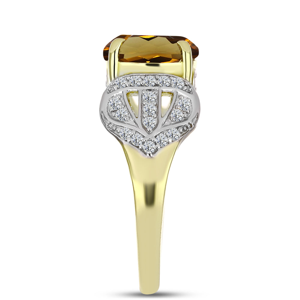 Anillo de Plata Bañada en Oro con Cuarzo Coñac y Topacio Blanco