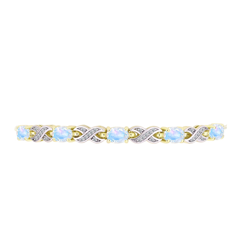 Pulsera de Plata Bañada en Oro con Piedra Lunar Arco Iris y Topacio Blanco
