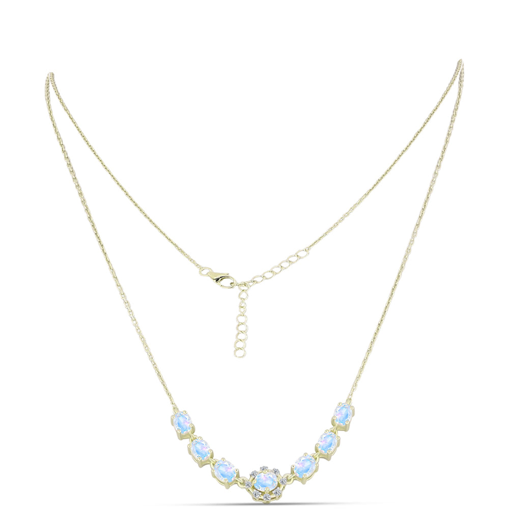 Collar de Plata Bañada en Oro con Piedra Lunar Arco Iris y Topacio Blanco