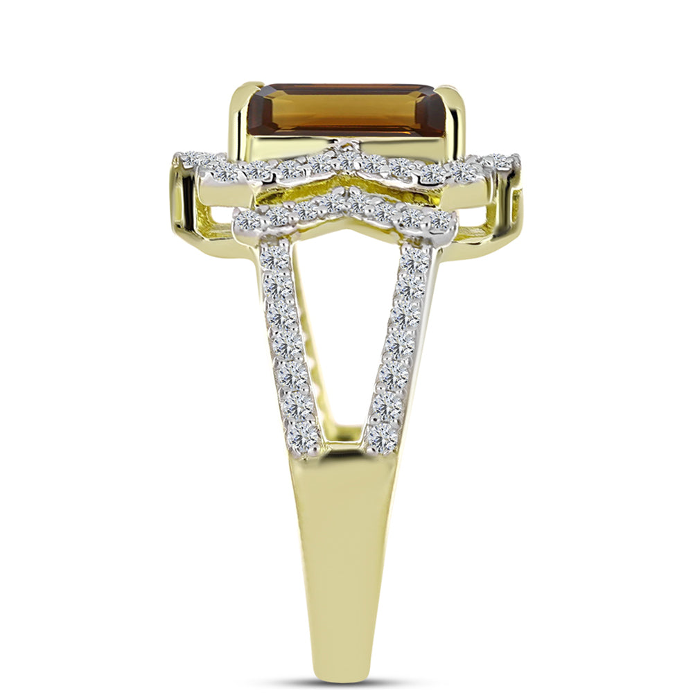 Anillo de Plata Bañada en Oro con Cuarzo Coñac y Topacio Blanco