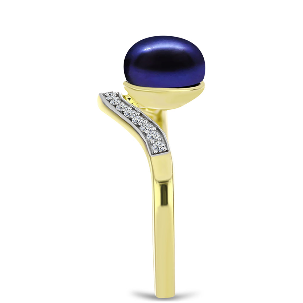 Anillo de Plata Bañada en Oro con Perla Negra Cultivada de Agua Dulce y Topacio Blanco