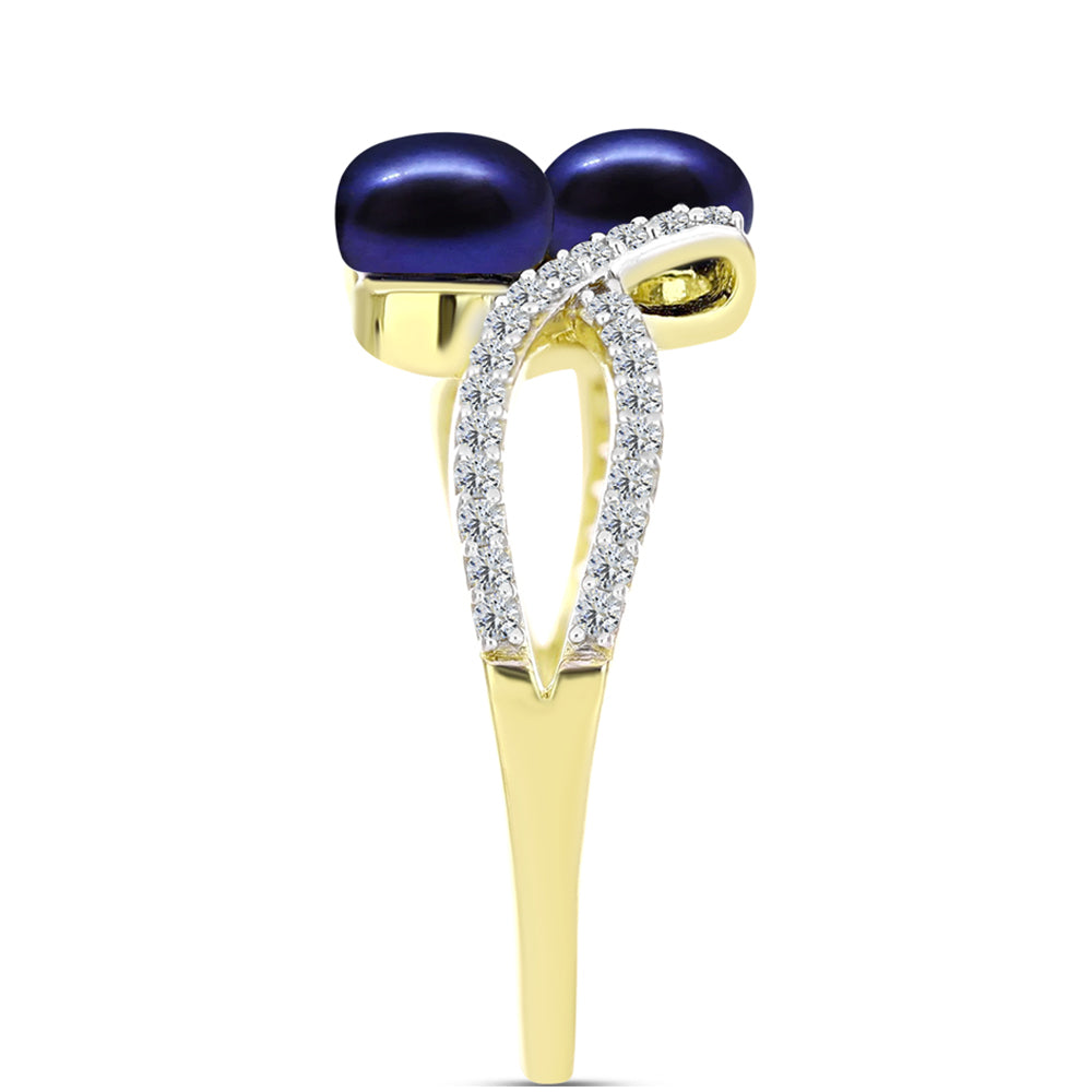 Anillo de Plata Bañada en Oro con Perla Negra Cultivada de Agua Dulce y Topacio Blanco