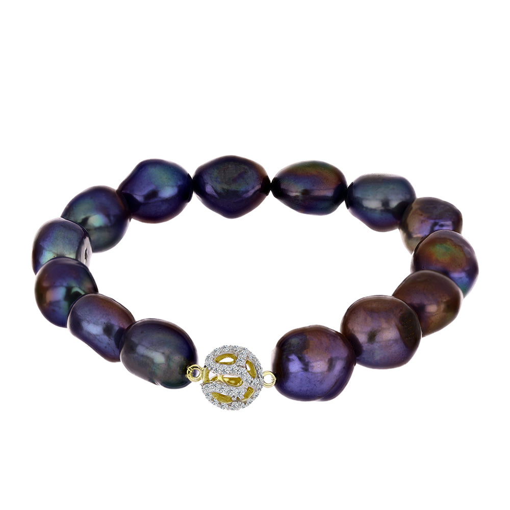 Pulsera de Plata Bañada en Oro con Perla Negra Cultivada de Agua Dulce y Topacio Blanco