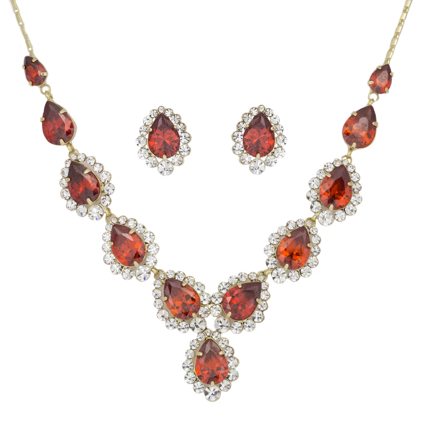 Conjunto de Aleación Bañado en Oro con Cristal Emporia® Rojo ( Collar +Pendientes )