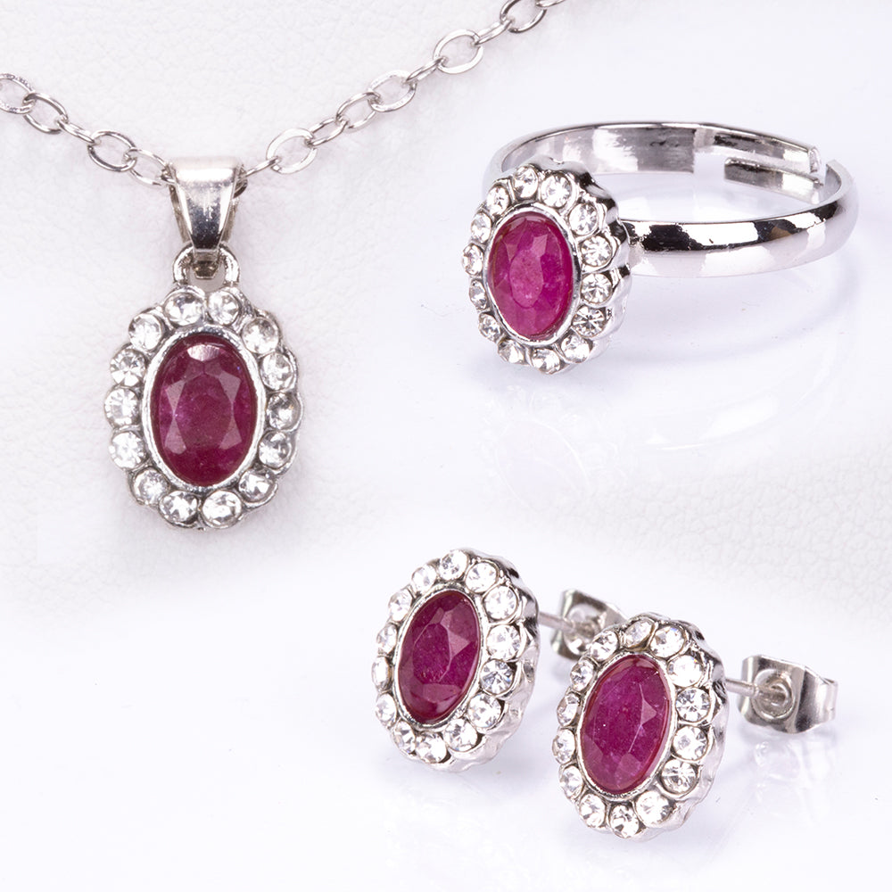 Conjunto de Aleación Bañado en Oro con Rubí y Cristal Emporia® Blanco ( Collar +Pendientes +Anillo +Colgante )