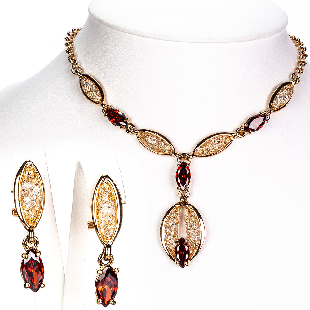 Conjunto de Aleación Bañado en Oro con Cristal Emporia® Rojo ( Collar +Pendientes ) 1 