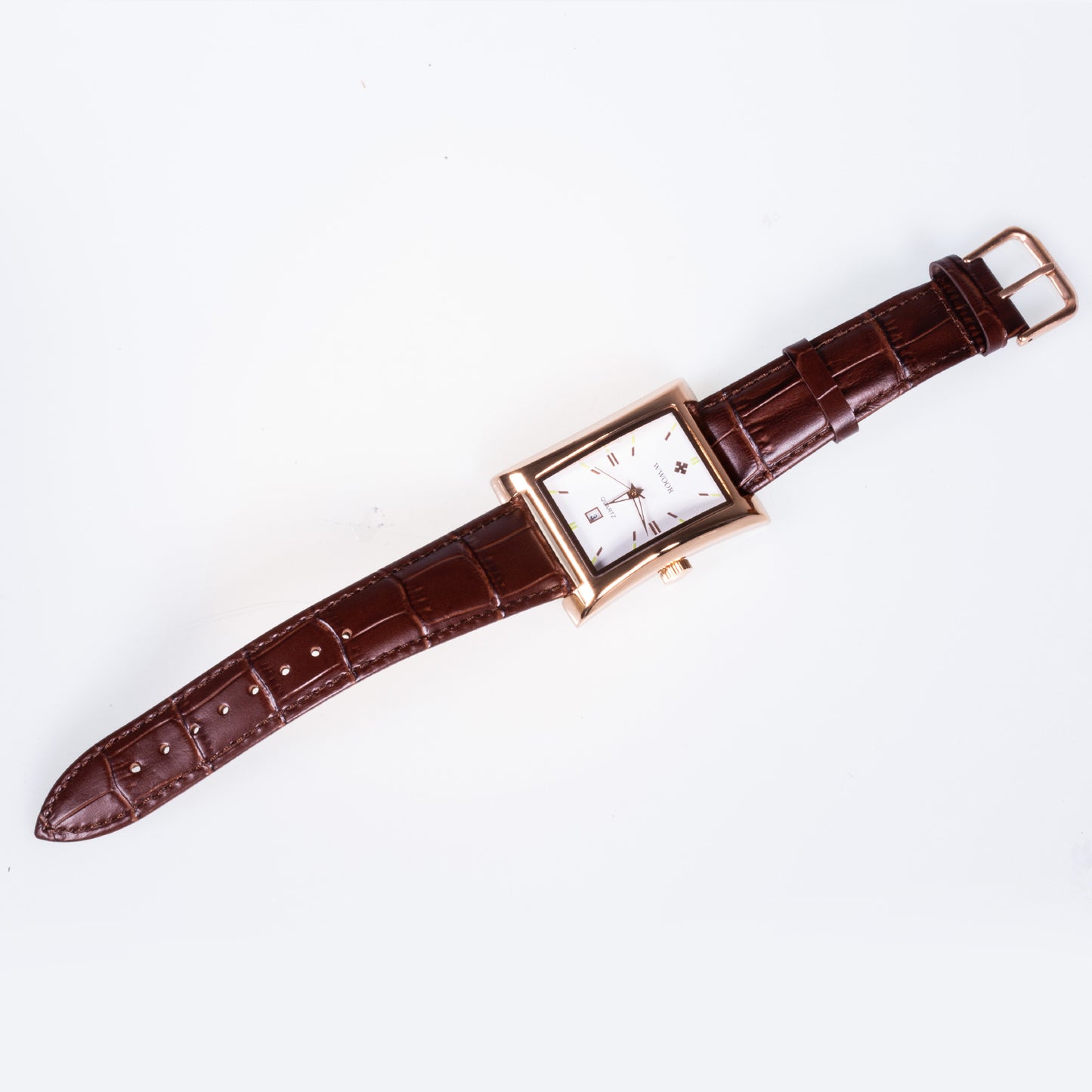 Reloj de pulsera de acero inoxidable chapado en oro con correa de cuero marrón