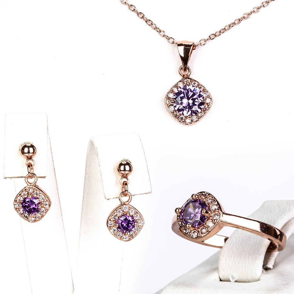 Conjunto de Aleación Bañado en Oro con Cristal Emporia® Púrpura ( Collar +Pendientes +Anillo +Colgante )
