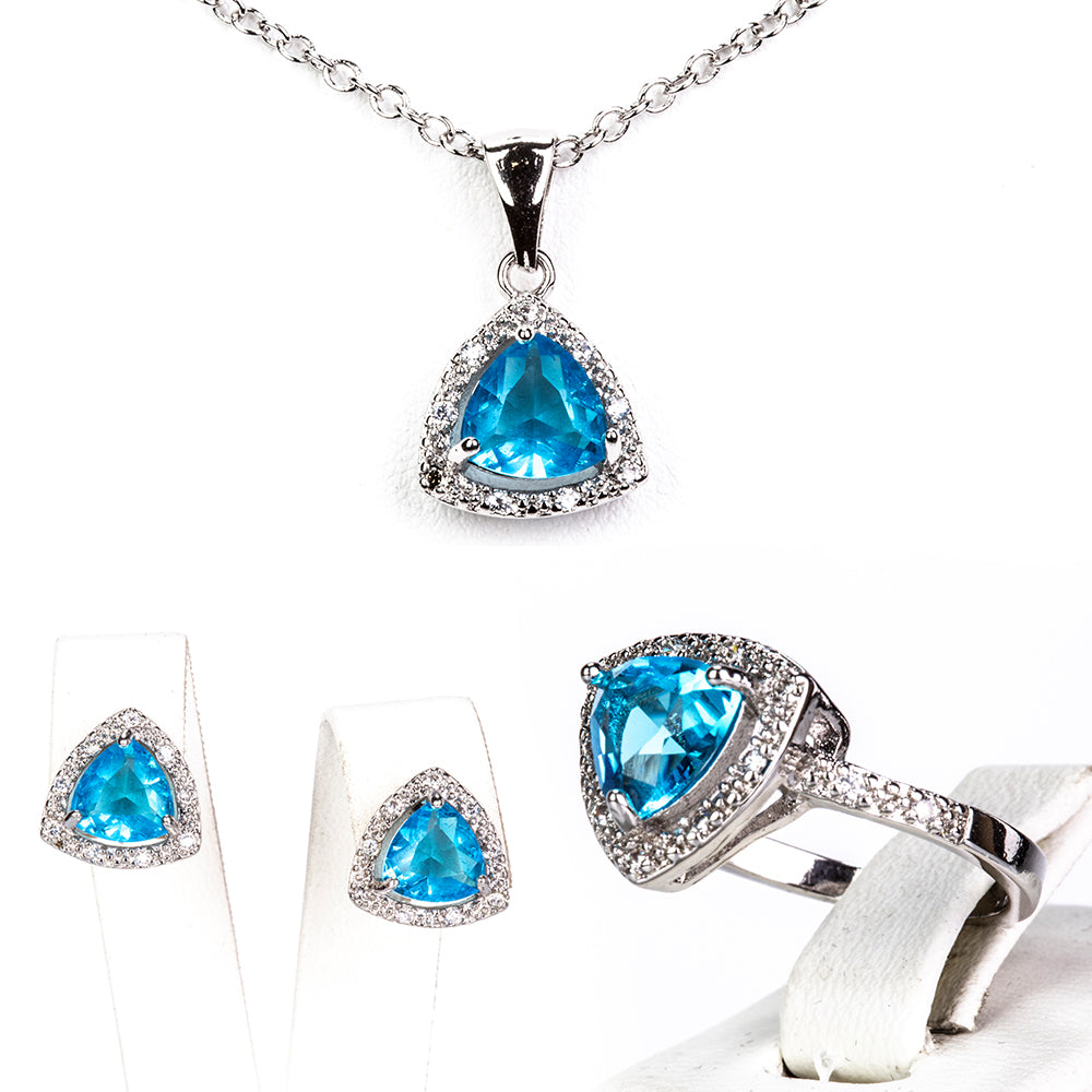 Conjunto de Aleación Bañado en Oro con Cristal Emporia® Azul ( Collar +Pendientes +Anillo ) 1 