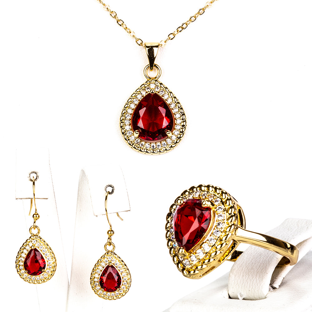 Conjunto de Aleación Bañado en Oro con Cristal Emporia® Rojo ( Collar +Pendientes +Anillo ) 1 