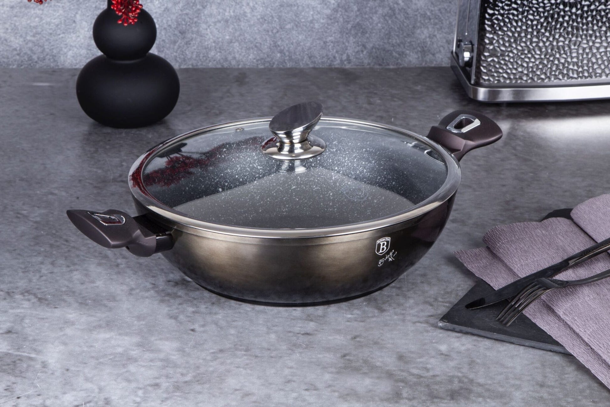 Wok con tapa Berlinger Haus   de la línea metálica brillante en negro, 30 cms 5 