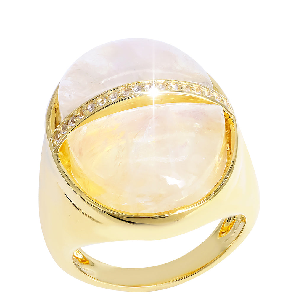 Anillo de Plata Bañada en Oro con Piedra Lunar Arco Iris y Topacio Blanco