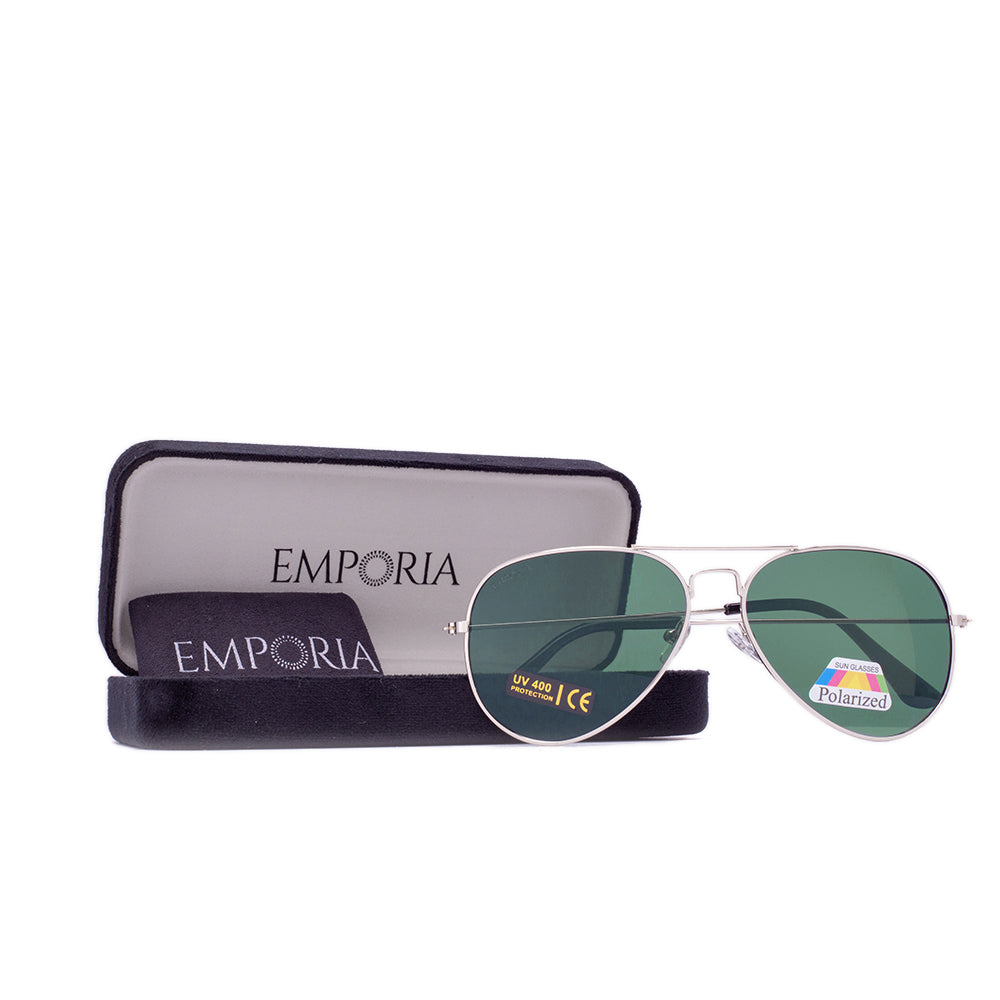 Emporia Italy - Gafas de sol piloto "ORIGINAL", gafas de sol polarizadas con filtro UV con estuche y paño de limpieza, lentes clásicas verde oscuro, montura dorada 1 
