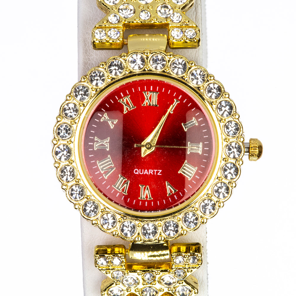 Reloj de Aleación Bañado en Oro con Cristal Emporia® Rojo y Cristal Emporia® Blanco ( Collar +Pendientes +Pulsera )