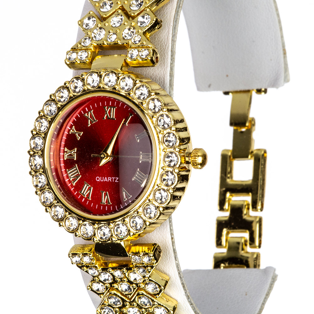Reloj de Aleación Bañado en Oro con Cristal Emporia® Rojo y Cristal Emporia® Blanco ( Collar +Pendientes +Pulsera )