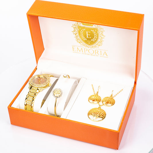 Reloj de Aleación Bañado en Oro con Cristal Emporia® Blanco ( Collar +Pendientes +Pulsera +Colgante )