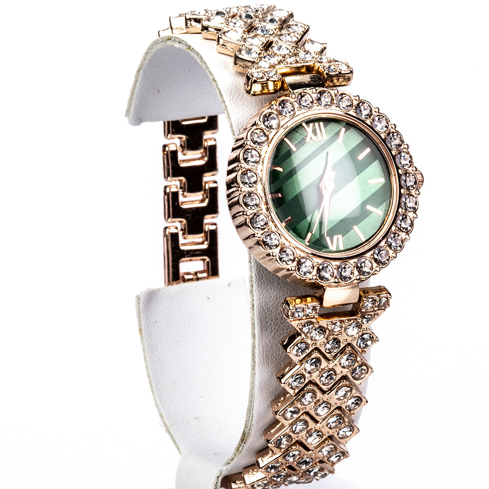 Reloj de Aleación Bañado en Oro con Cristal Emporia® Verde y Cristal Emporia® Blanco ( Collar +Pendientes +Pulsera +Anillo +Colgante )