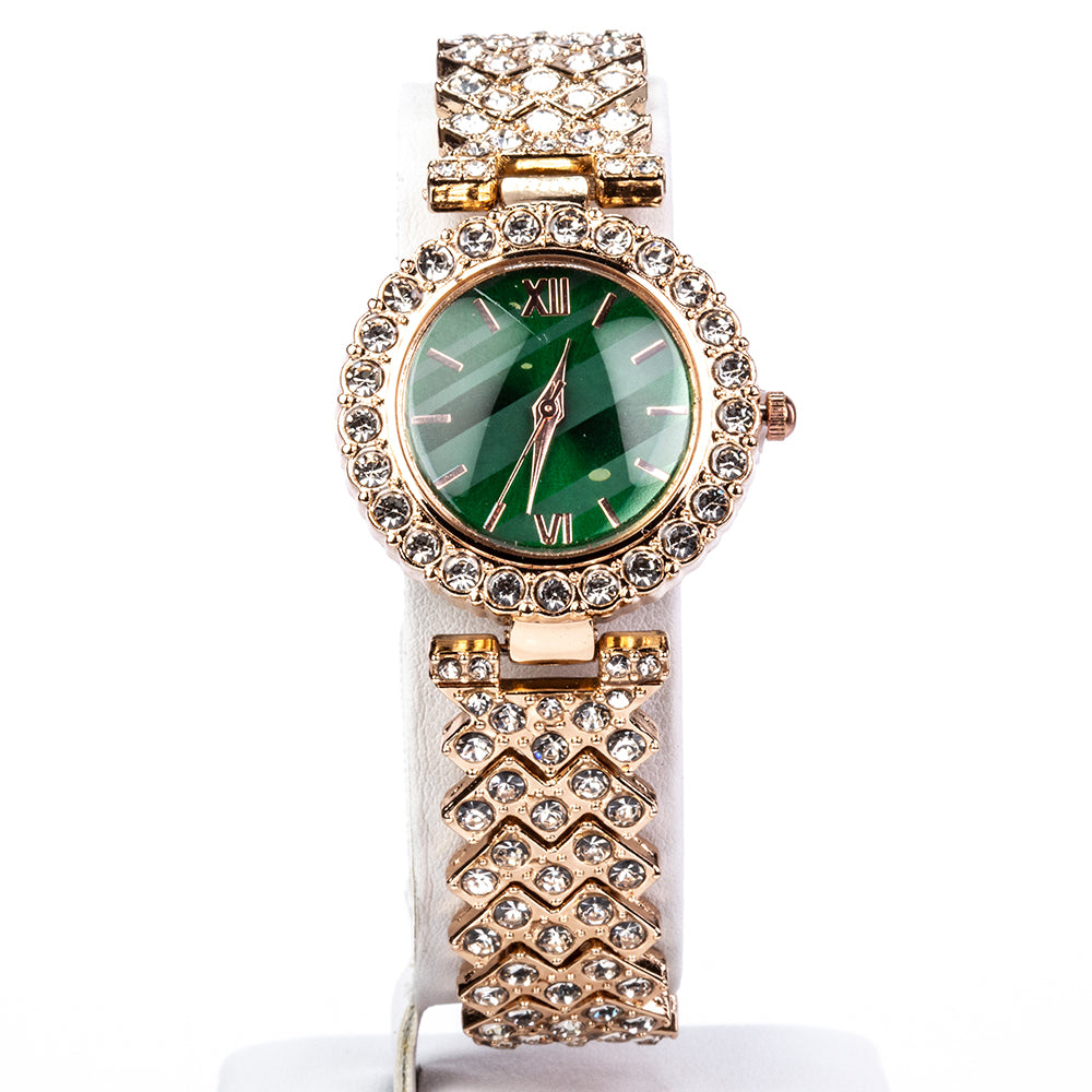 Reloj de Aleación Bañado en Oro con Cristal Emporia® Verde y Cristal Emporia® Blanco ( Collar +Pendientes +Pulsera +Anillo +Colgante )