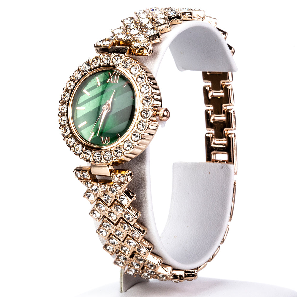 Reloj de Aleación Bañado en Oro con Cristal Emporia® Verde y Cristal Emporia® Blanco ( Collar +Pendientes +Pulsera +Anillo +Colgante ) 10 