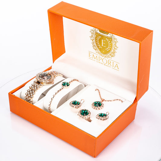 Reloj de Aleación Bañado en Oro con Cristal Emporia® Verde y Cristal Emporia® Blanco ( Collar +Pendientes +Pulsera +Anillo +Colgante )