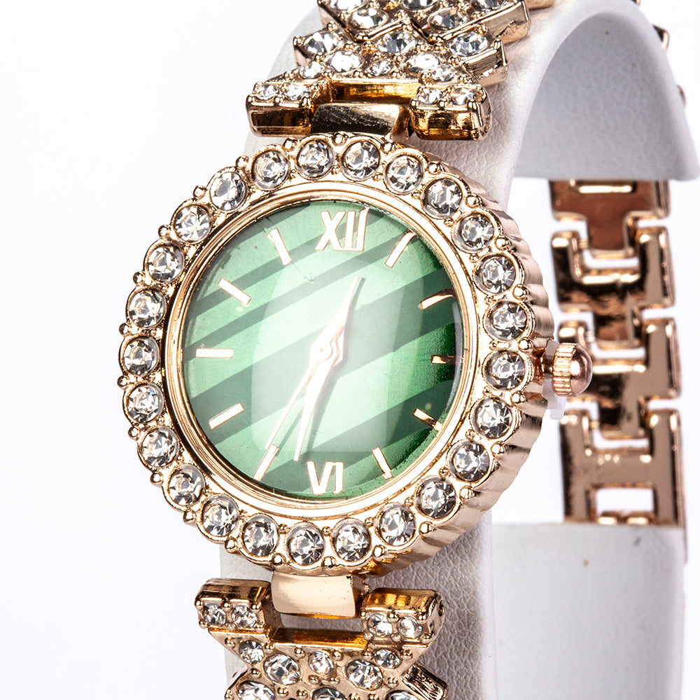 Reloj de Aleación Bañado en Oro con Cristal Emporia® Verde y Cristal Emporia® Blanco ( Collar +Pendientes +Pulsera +Anillo +Colgante ) 12 