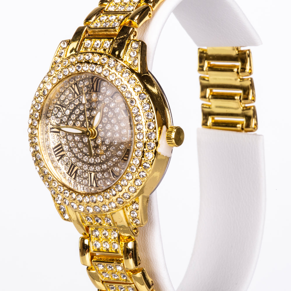 Conjunto de joyería Emporia de 5 piezas, de alta calidad y en tono dorado, presentado en una exclusiva caja de regalo con efecto piel (incluye reloj, pulsera, collar, pendientes y anillo, con cristal blanco Emporia). 2 