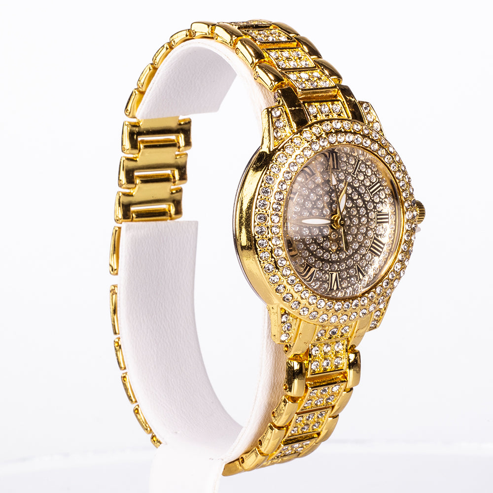 Conjunto de joyería Emporia de 5 piezas, de alta calidad y en tono dorado, presentado en una exclusiva caja de regalo con efecto piel (incluye reloj, pulsera, collar, pendientes y anillo, con cristal blanco Emporia). 11 
