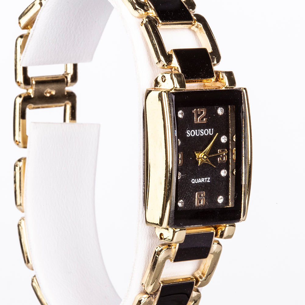 Conjunto de joyas Emporia de 5 piezas, de alta calidad y en tono dorado, presentado en una exclusiva caja de regalo con efecto piel (incluye reloj, pulsera, collar, pendientes y anillo, con cristales Emporia blancos y negros).