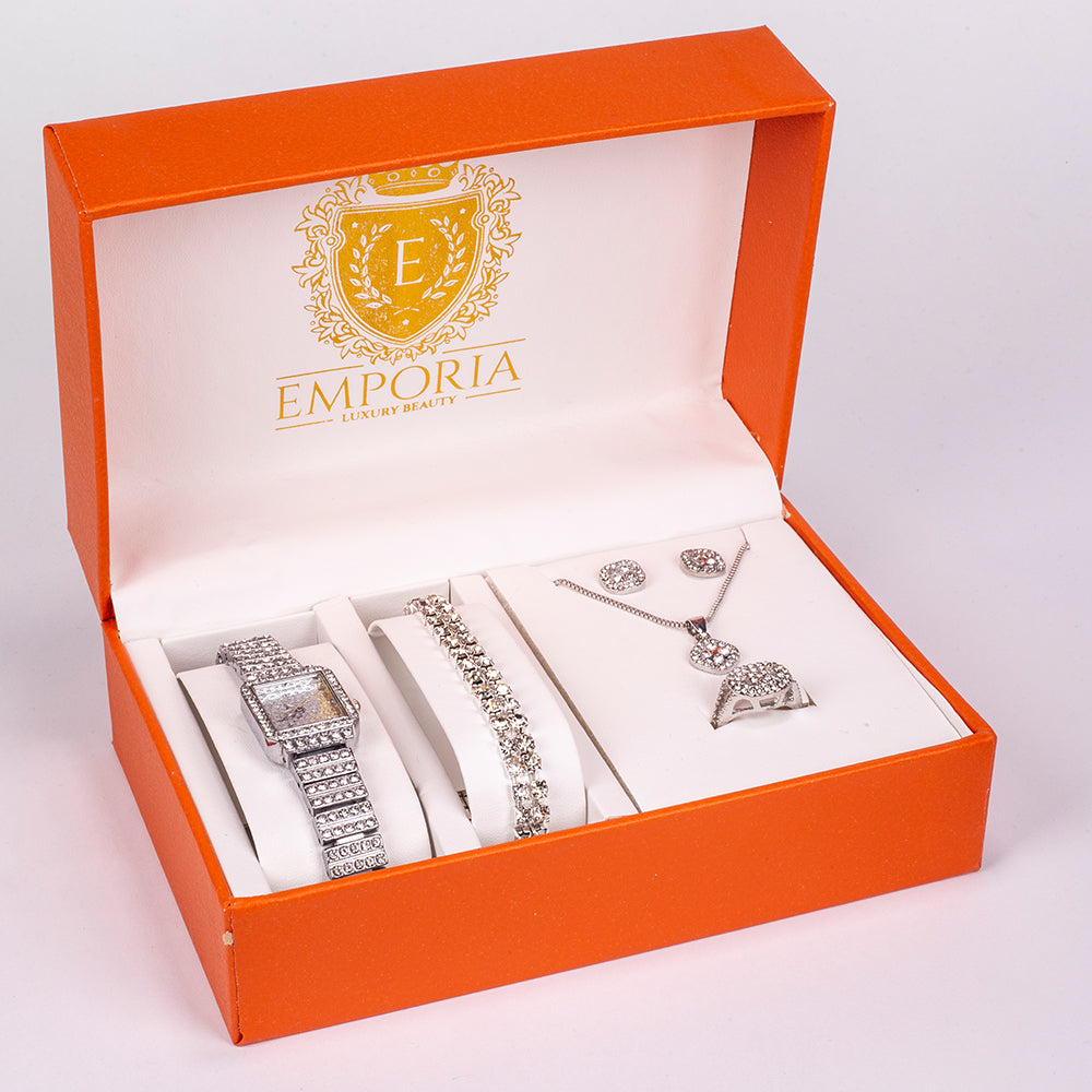 Conjunto de joyería Emporia de 5 piezas, de alta calidad y en tono plateado, presentado en una exclusiva caja de regalo con efecto piel (incluye reloj, pulsera, collar, pendientes y anillo, con cristal blanco Emporia). 1 