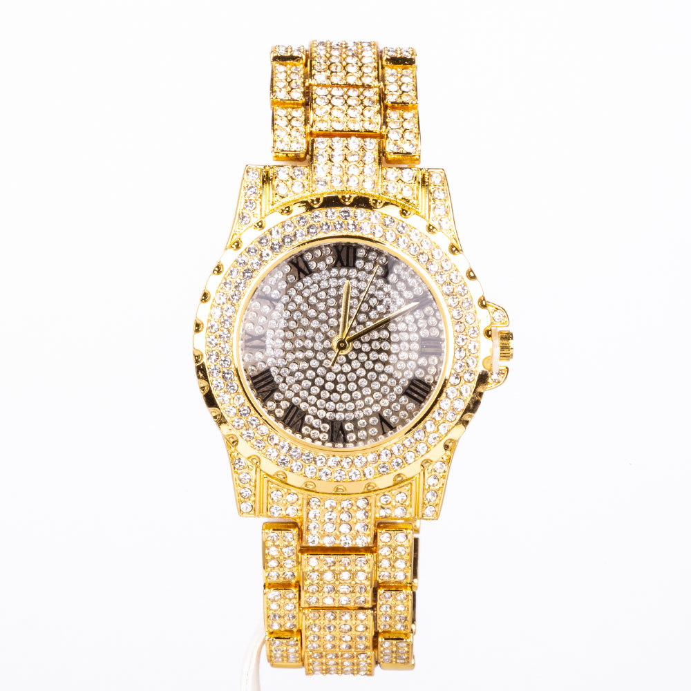 Conjunto de joyas Emporia de 4 piezas, de alta calidad y en tono dorado, presentado en una exclusiva caja de regalo con efecto piel (incluye reloj, pulsera, collar grueso y collar con colgante de cruz con cristal blanco Emporia). 3 