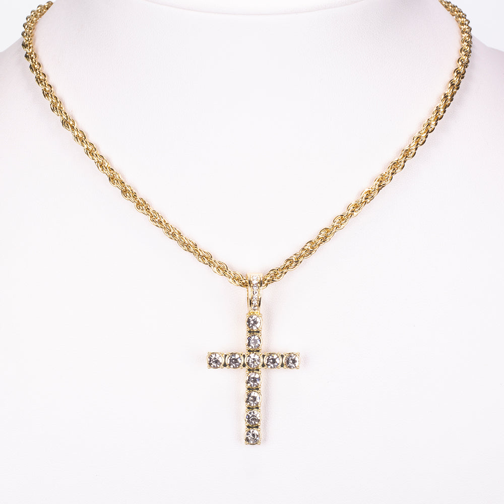Conjunto de joyas Emporia de 4 piezas, de alta calidad y en tono dorado, presentado en una exclusiva caja de regalo con efecto piel (incluye reloj, pulsera, collar grueso y collar con colgante de cruz con cristal blanco Emporia).