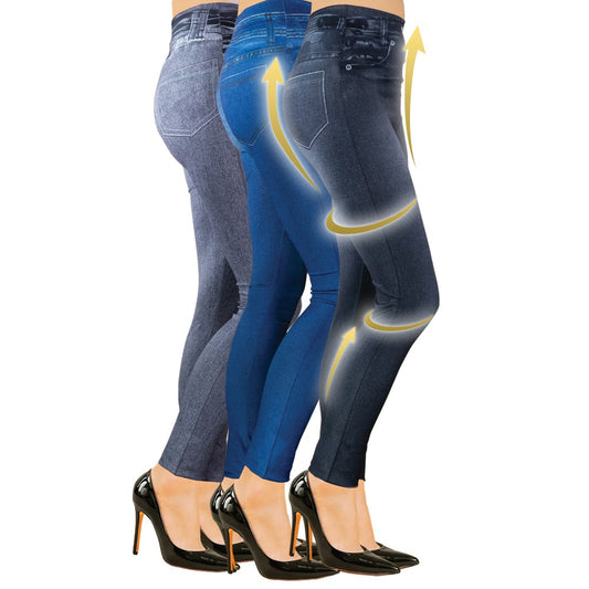 Set de 3 jeggings de cintura alta, que no se transparentan ( 1 negro, 1 gris, 1 azul )