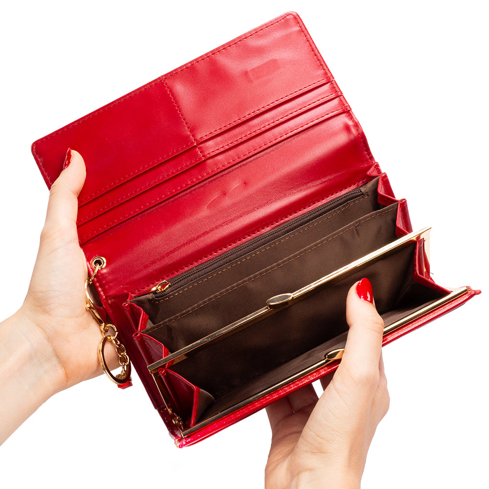 Cartera de privacidad con clave secreta de acceso para mujer. Color: negro y rojo