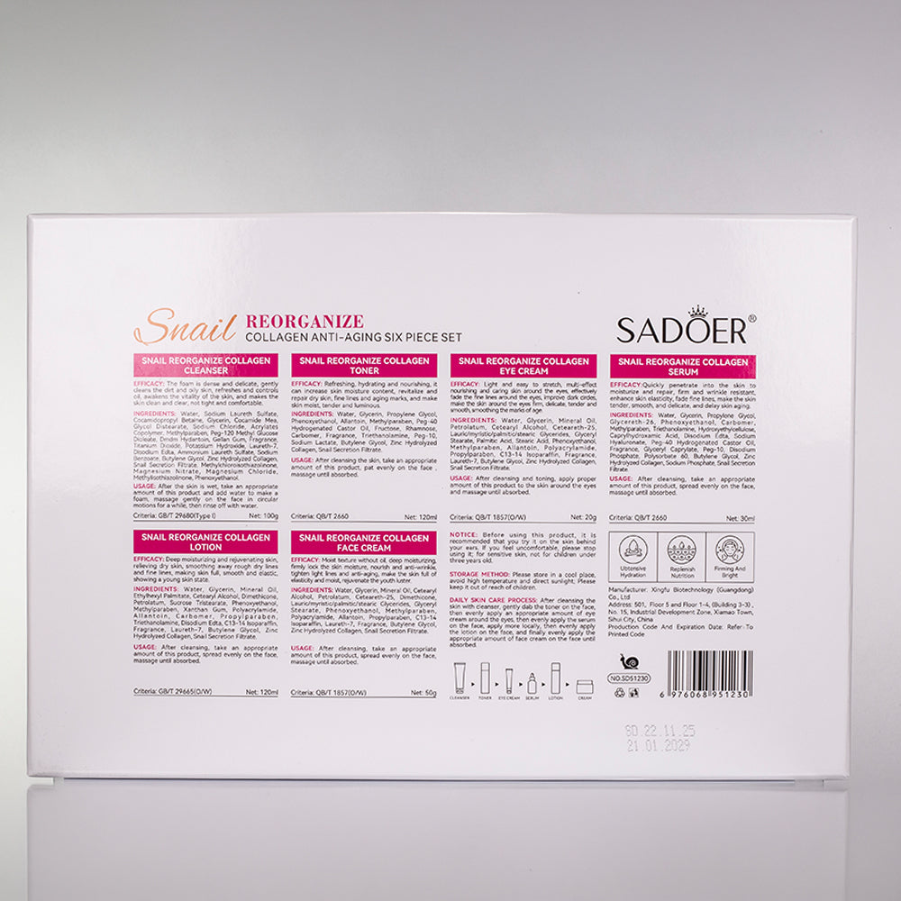 Set de cuidado facial de 6 piezas con colágeno y baba de caracol de SADOER