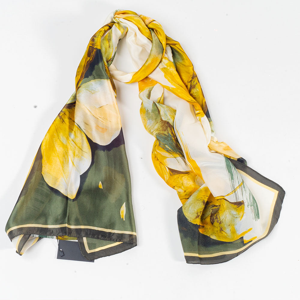 Bufanda impresión lilas , 85 x 180 cms, verde, 100% seda vegana