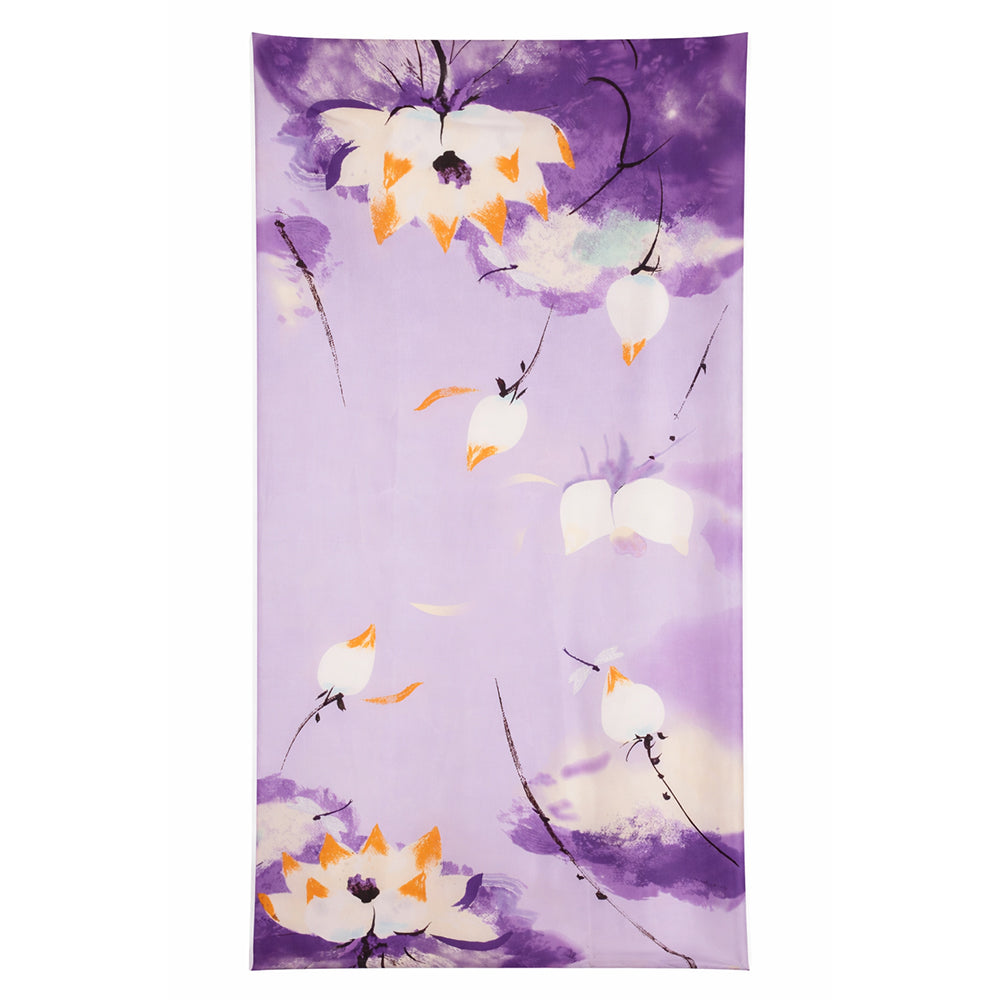 Bufanda con estampado de loto nocturno, color morado, 85 × 180 cm, 100 % seda vegana. 1 