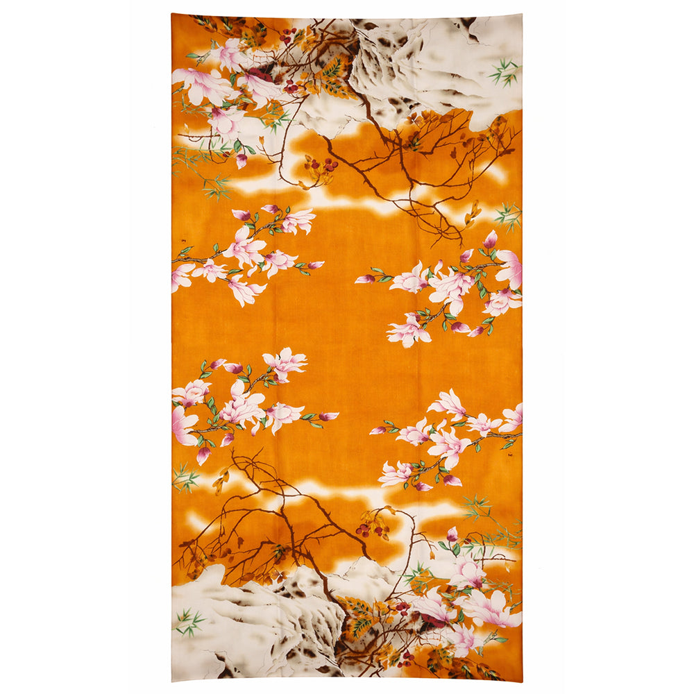 Bufanda con estampado inspirado en el Jardín del Edén, color naranja, 85 × 180 cm, 100 % seda vegana.