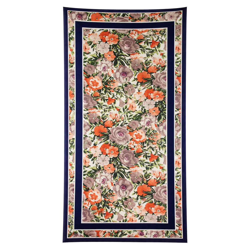 Bufanda con estampado de orquídeas, azul, 85 × 180 cm, 100 % seda vegana.