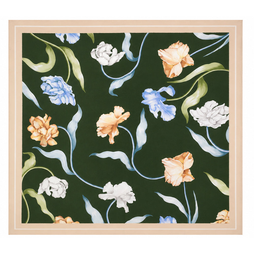 Pañuelo de seda «Emerald Flowers», verde esmeralda, 90 x 90 cm