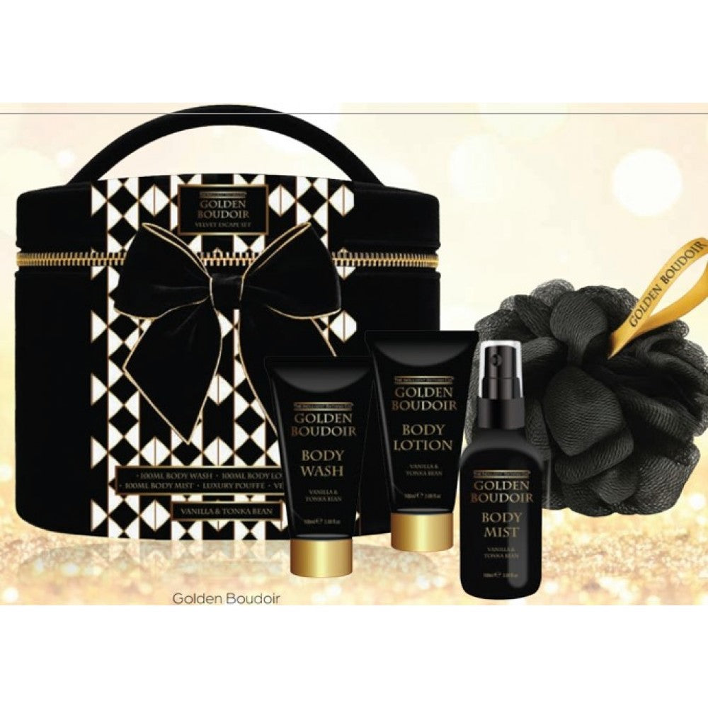 Golden Boudoir Velvet Escape – Set de regalo de cuidado corporal de lujo con fragancia de vainilla y haba tonka.
