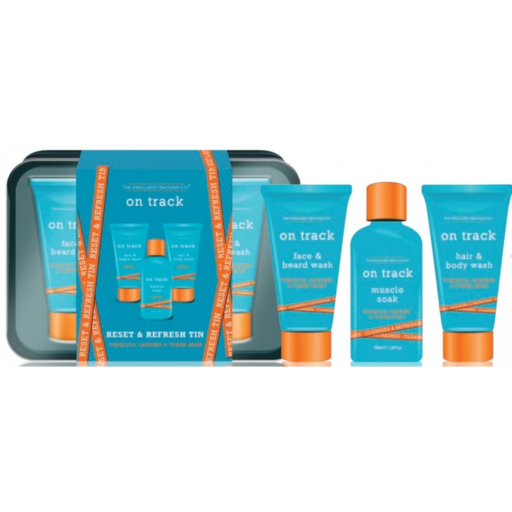 On Track Reset & Refresh – Set de regalo de baño y cuidado corporal para hombre con fragancia de tabaco, cuero y haba tonka.