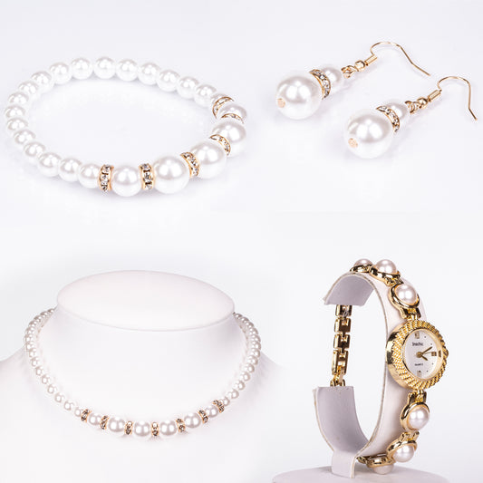 Reloj de Aleación Bañado en Oro con Cristal Emporia® Blanco ( Collar +Pendientes +Pulsera )