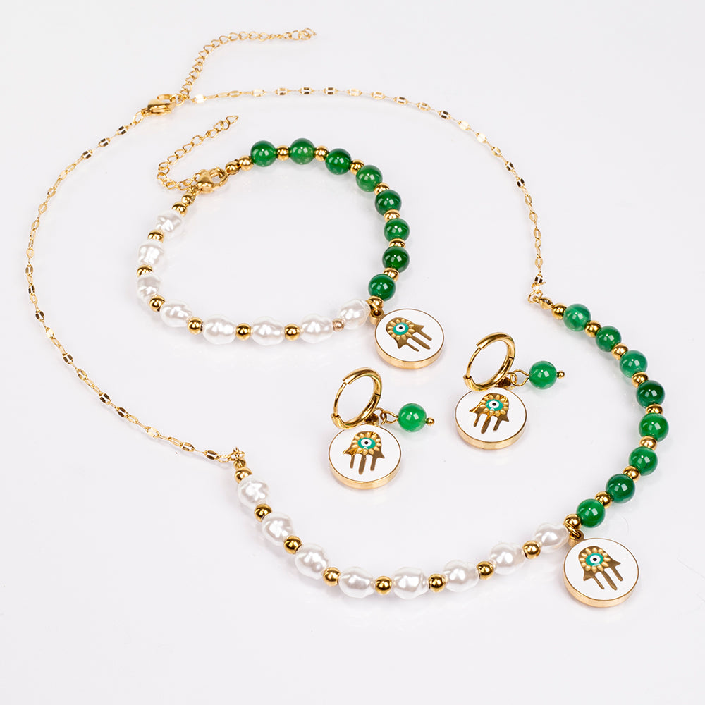 Conjunto de Aleación Bañado en Oro con Ágata Verde ( Collar +Pendientes +Pulsera )