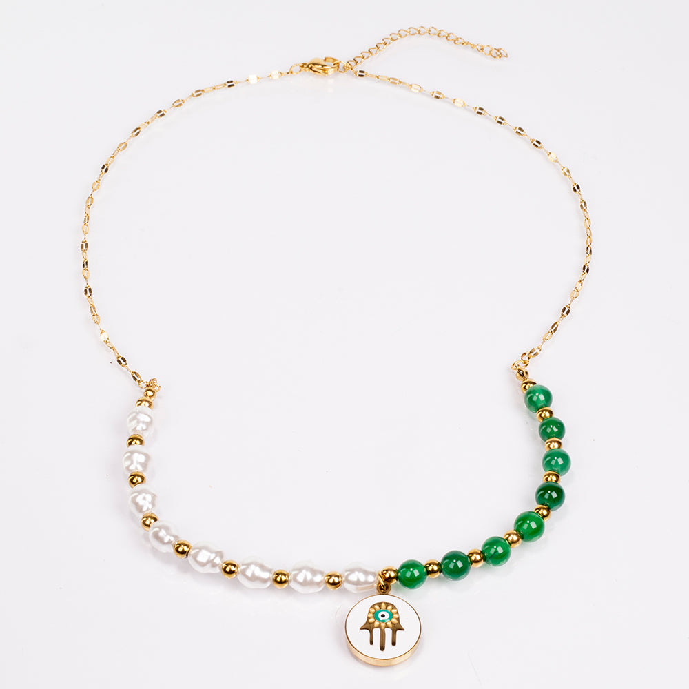 Conjunto de Aleación Bañado en Oro con Ágata Verde ( Collar +Pendientes +Pulsera )