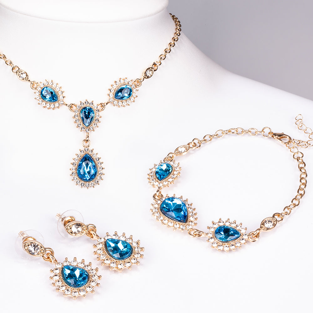 Conjunto de Aleación Bañado en Oro con Cristal Emporia® Azul y Cristal Emporia® Blanco ( Collar +Pendientes +Pulsera ) 1 