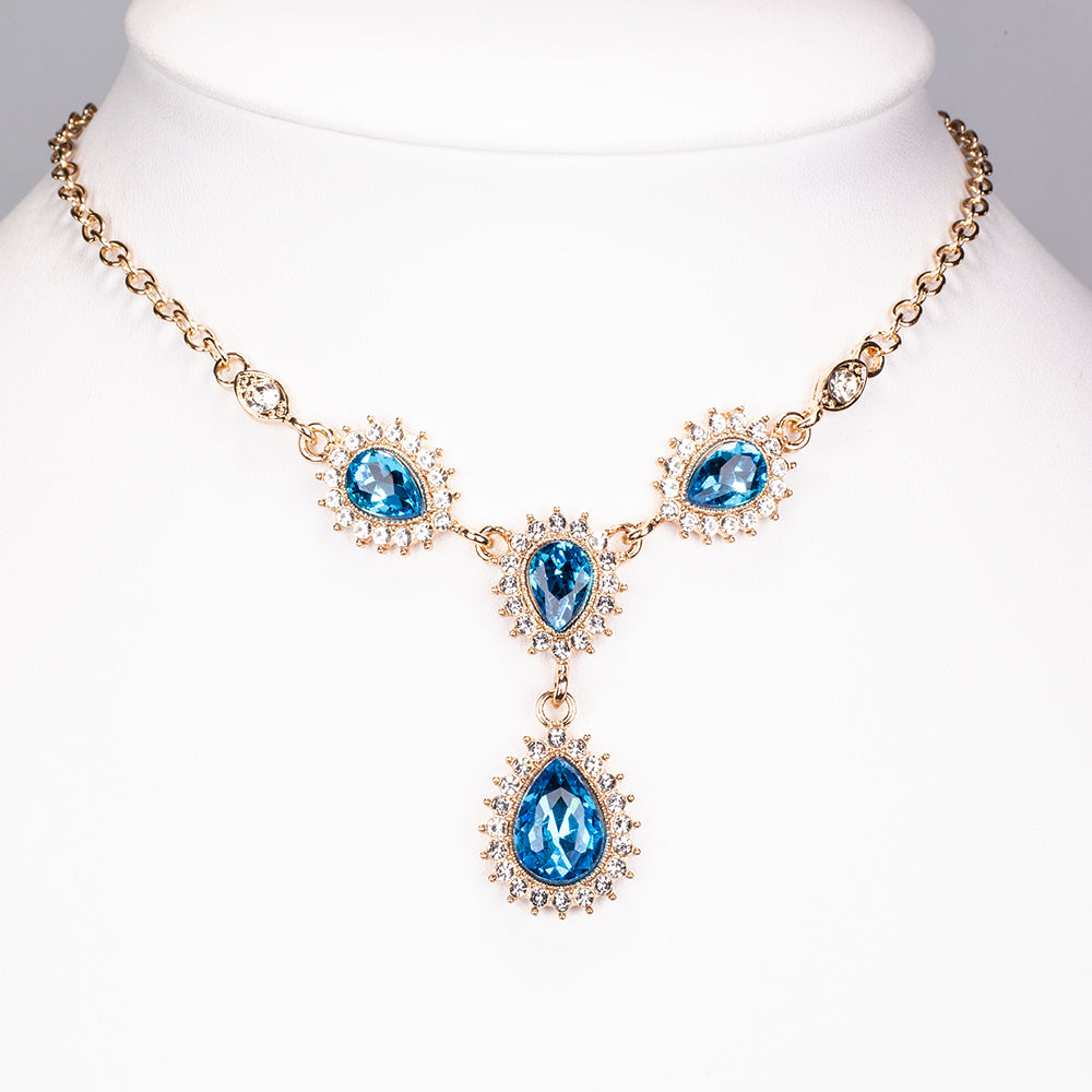 Conjunto de Aleación Bañado en Oro con Cristal Emporia® Azul y Cristal Emporia® Blanco ( Collar +Pendientes +Pulsera )