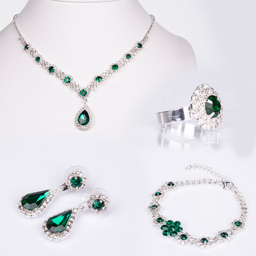 Conjunto de Aleación Bañado en Oro con Cristal Emporia® Verde y Cristal Emporia® Blanco ( Collar +Pendientes +Pulsera +Anillo ) 1 