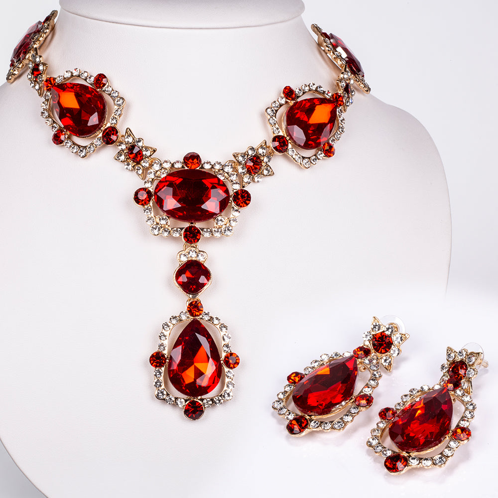 Conjunto de Aleación Bañado en Oro con Cristal Emporia® Rojo y Cristal Emporia® Blanco ( Collar +Pendientes ) 1 