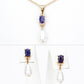 Conjunto de Aleación Bañado en Oro con Zafiro y Perla de cristal ( Collar +Pendientes +Colgante )